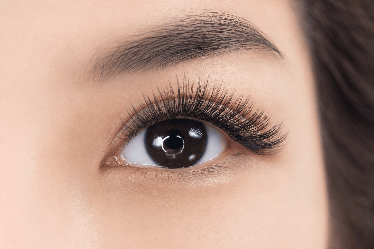 Close-up of open, rounded doll-effect lash extensions